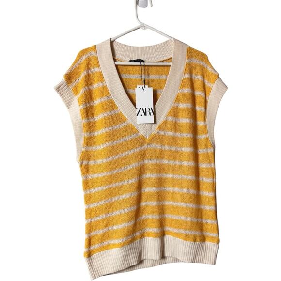 Zara Striped Sleeveless V Front Women's Sweater Sz S NWT - Picture 1 of 7